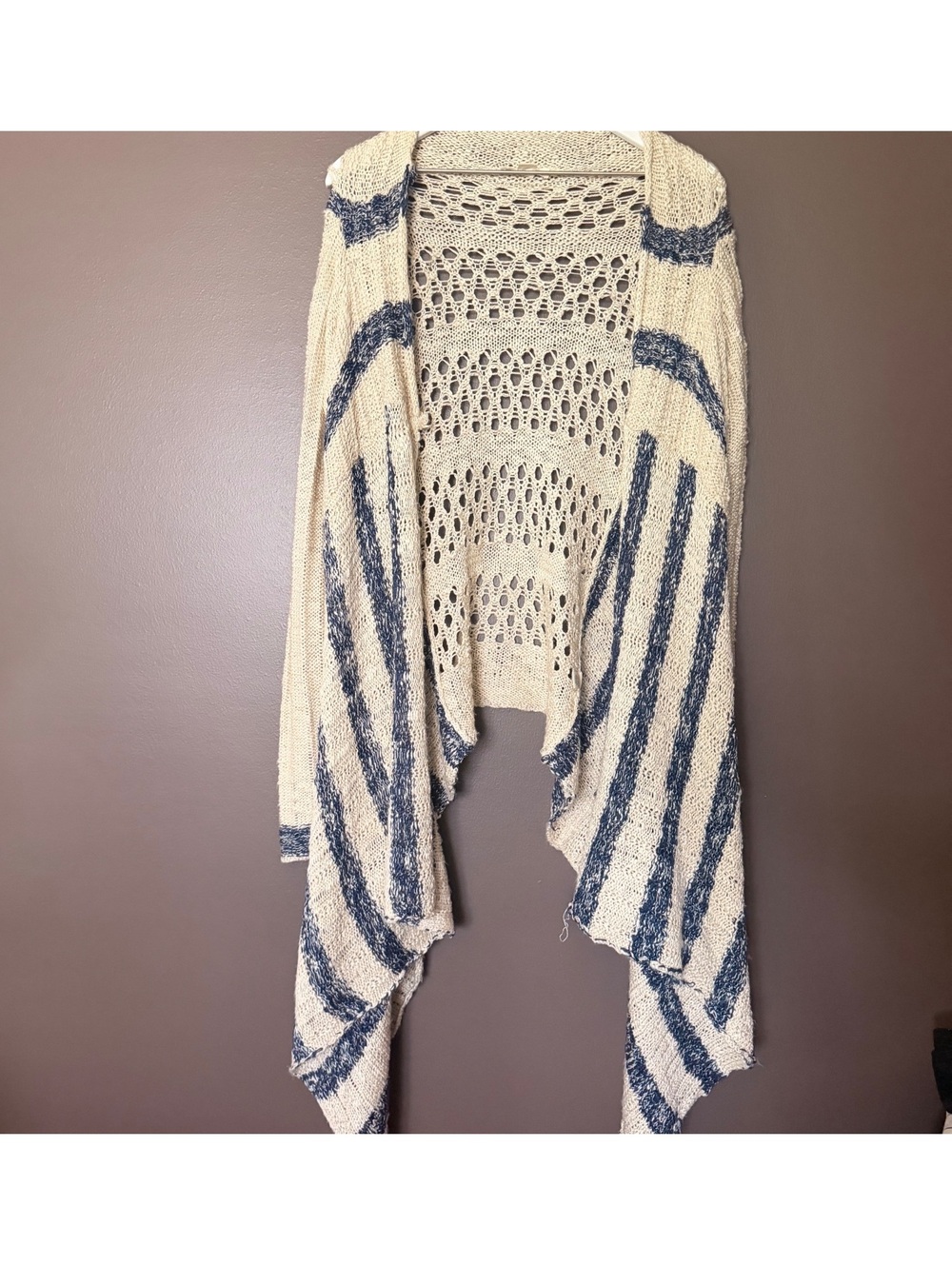 Double Zero Cream Navy Striped Crochet Open Knit Waterfall Cardigan Boho L